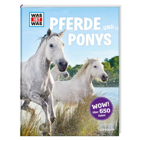Buchcover: Zwei weiße Pferde laufen durchs Wasser. Titel auf Deutsch: Pferde und Ponys.