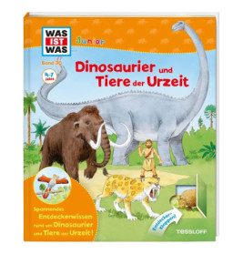Kinderbuchcover mit Mammut, Dinosaurier und Säbelzahnkatze in einer prähistorischen Landschaft illustriert.