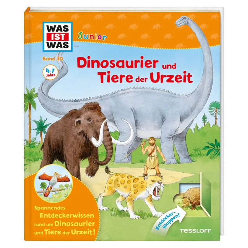 Kinderbuchcover mit Mammut, Dinosaurier und Säbelzahnkatze in einer prähistorischen Landschaft illustriert.