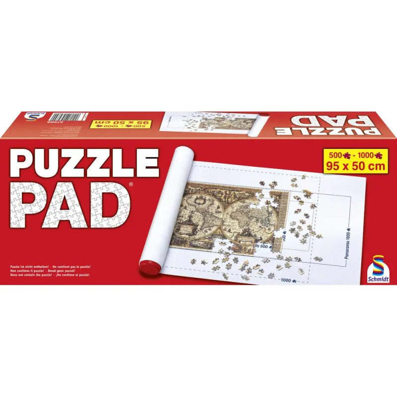 Puzzle Pad Box mit teils gerolltem, begonnenem Puzzle auf Matte und einigen losen Teilen daneben. Puzzle Pad Box mit teils gerolltem, begonnenem Puzzle auf Matte und einigen losen Teilen daneben.