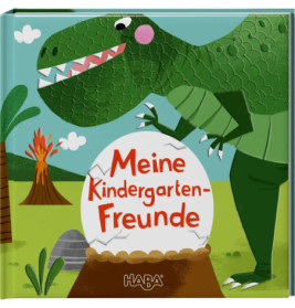 Grüner Dino mit aufgebrochener Ei-Schale und Meine Kindergarten-Freunde auf buntem Buchcover illustriert.