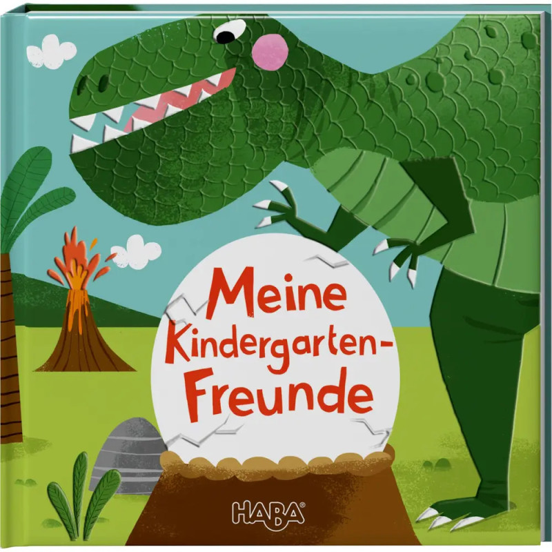 Grüner Dino mit aufgebrochener Ei-Schale und Meine Kindergarten-Freunde auf buntem Buchcover illustriert.
