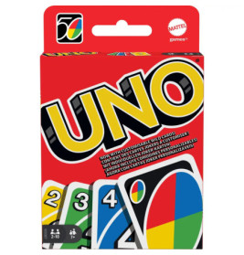 Eine UNO-Kartenschachtel mit dem Spiel-Logo und mehreren bunten Karten auf der Vorderseite.