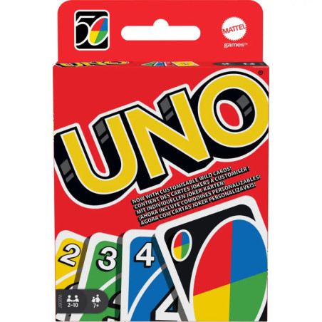 Eine UNO-Kartenschachtel mit dem Spiel-Logo und mehreren bunten Karten auf der Vorderseite. Eine UNO-Kartenschachtel mit dem Spiel-Logo und mehreren bunten Karten auf der Vorderseite.