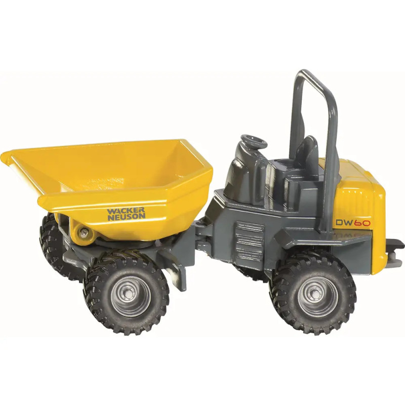 Gelber und grauer Spielzeug-Dumper Wacker Neuson DW60 mit vier großen Rädern, seitlich betrachtet. Gelber und grauer Spielzeug-Dumper Wacker Neuson DW60 mit vier großen Rädern, seitlich betrachtet.