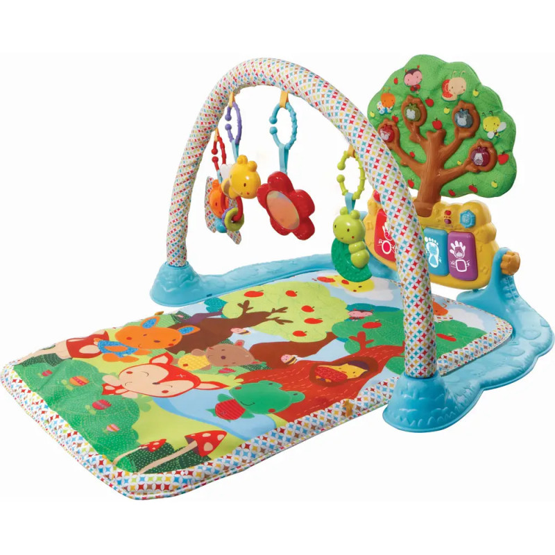 Buntes Baby-Spielgym mit hängenden Spielzeugen, Tiermotiven auf der Matte und interaktivem Baum. Buntes Baby-Spielgym mit hängenden Spielzeugen, Tiermotiven auf der Matte und interaktivem Baum.