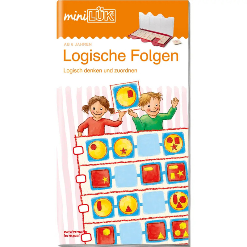 Cover eines deutschen Logikrätselbuchs für Kinder mit zwei knobelnden Kindern und Formenfolgen.