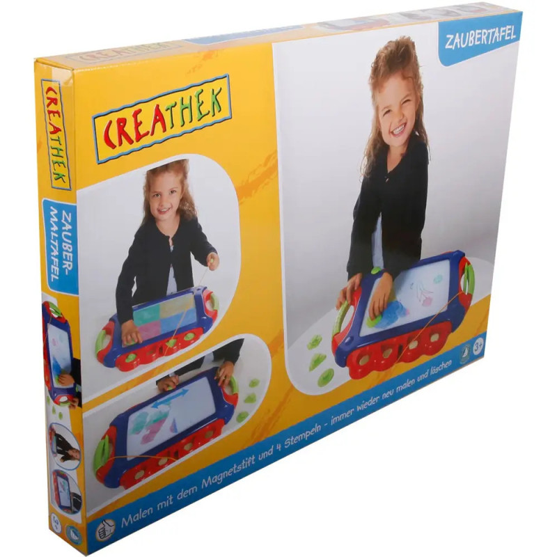 Verpackung des Creathek-Zauberzeichentabletts mit einem lächelnden Mädchen, das bunte Zeichnungen anfertigt.