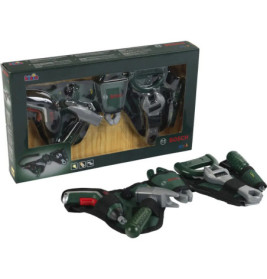 Bosch Spielzeug-Werkzeugset in grüner Verpackung, mit zwei Handschuhen und Werkzeug vorne.