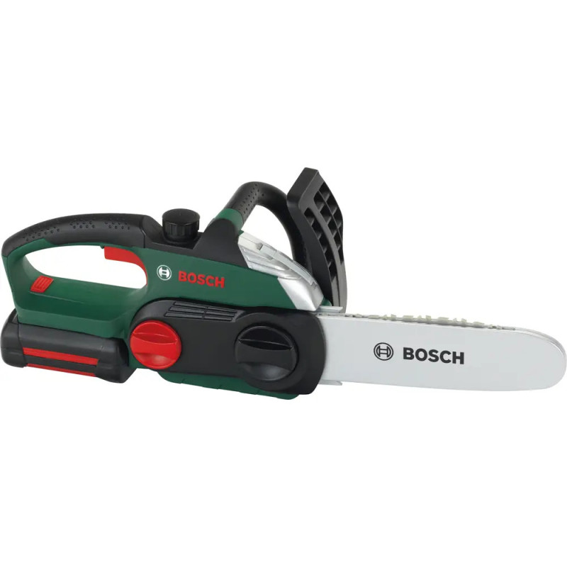 Bosch Elektro-Kettensäge mit grün-schwarzem Griff und weißem Sägeblatt. Bosch Elektro-Kettensäge mit grün-schwarzem Griff und weißem Sägeblatt.