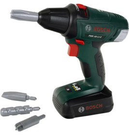 Akkubetriebene Bosch-Bohrmaschine mit drei danebenliegenden, wechselbaren Bohrern.