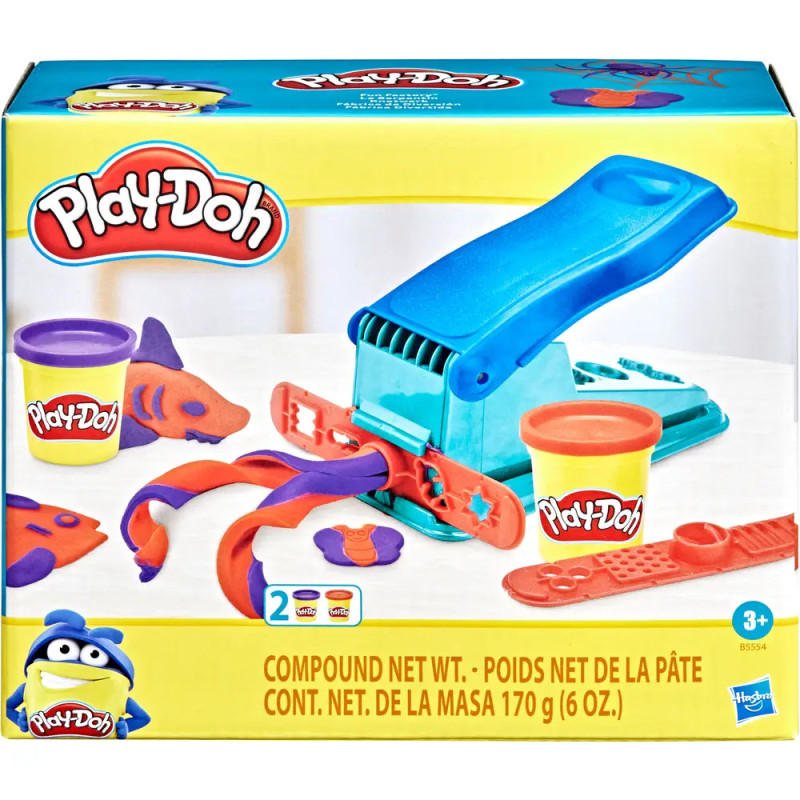 Play-Doh-Set mit Extruder, zwei Dosen und bunten Formen auf der Verpackung.