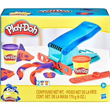 Play-Doh-Set mit Extruder, zwei Dosen und bunten Formen auf der Verpackung.