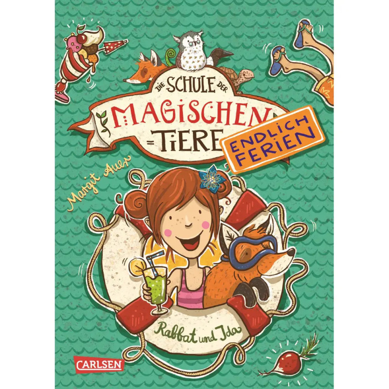 Buchcover mit Mädchen, Fuchs und Tieren auf grünem Hintergrund, dazu das Schild Endlich Ferien. Buchcover mit Mädchen, Fuchs und Tieren auf grünem Hintergrund, dazu das Schild Endlich Ferien.