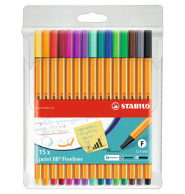 15 Stabilo point 88 Fineliner in verschiedenen Farben mit orangefarbenem Schaft, im transparenten Etui.