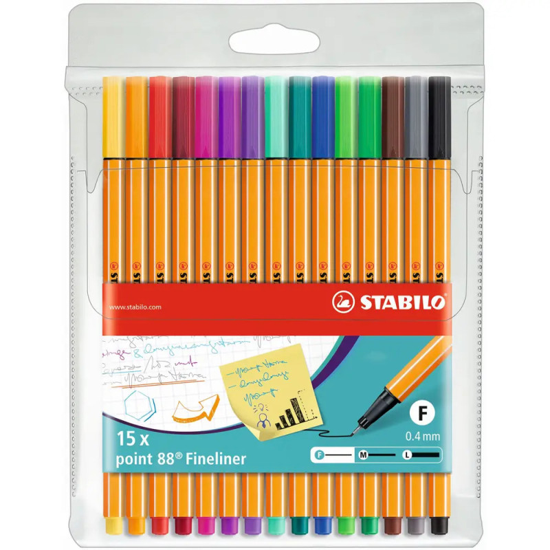 15 Stabilo point 88 Fineliner in verschiedenen Farben mit orangefarbenem Schaft, im transparenten Etui. 15 Stabilo point 88 Fineliner in verschiedenen Farben mit orangefarbenem Schaft, im transparenten Etui.