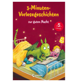 Illustration: Zwei Kinder und ein grüner Drache lesen gemeinsam im Bett ein rotes Buch.