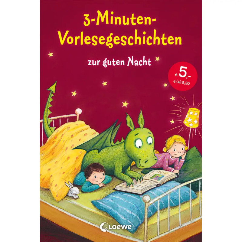 Illustration: Zwei Kinder und ein grüner Drache lesen gemeinsam im Bett ein rotes Buch.