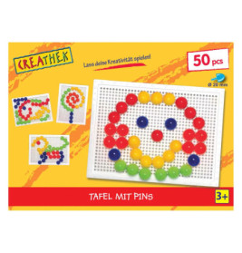 Bunte Stecktafel-Spielbox für Kinder mit runden Pins, zeigt ein Smiley-Gesicht und weitere Muster.