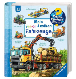 Kinderbuchcover mit Illustrationen von LKW, Rennwagen, Traktor, Schneemobil, Holzlader und Betonmischer.