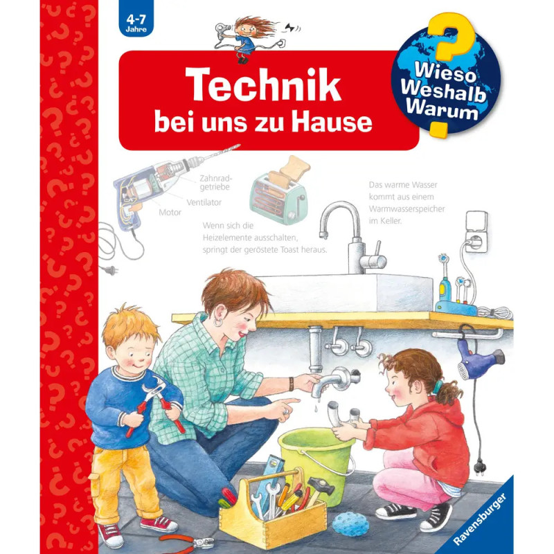Ein Erwachsener und zwei Kinder untersuchen unter der Spüle Rohre, Wasser und Putzmittel. Ein Erwachsener und zwei Kinder untersuchen unter der Spüle Rohre, Wasser und Putzmittel.
