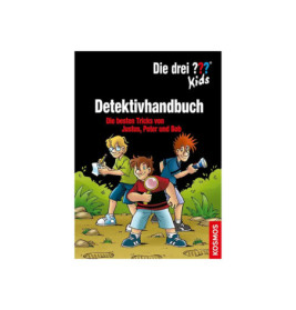 Drei gezeichnete Kinder mit Detektivwerkzeug auf dem Buchcover Detektivhandbuch von Die drei ? Kindern.