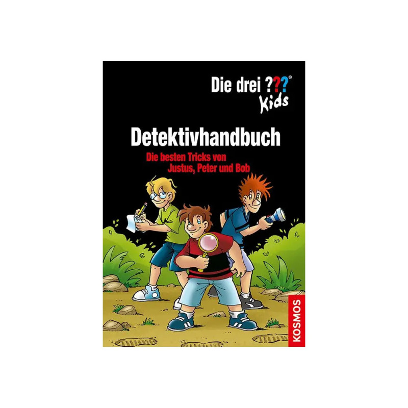 Drei gezeichnete Kinder mit Detektivwerkzeug auf dem Buchcover Detektivhandbuch von Die drei ? Kindern. Drei gezeichnete Kinder mit Detektivwerkzeug auf dem Buchcover Detektivhandbuch von Die drei ? Kindern.