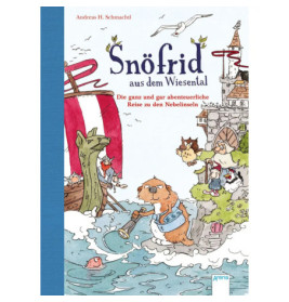 Buchcover: Tiere auf einem Boot nähern sich einer Burg. Titel: Snöfrid aus dem Wiesental.
