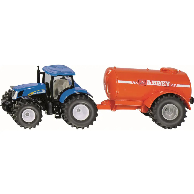 Ein blauer Spielzeugtraktor zieht einen orangefarbenen ABBEY-Tankanhänger vor weißem Hintergrund. Ein blauer Spielzeugtraktor zieht einen orangefarbenen ABBEY-Tankanhänger vor weißem Hintergrund.
