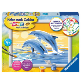 Malen-nach-Zahlen-Set mit zwei Delfinen über Wellen, Pinsel und Farbtöpfe enthalten, ab 7 Jahren.