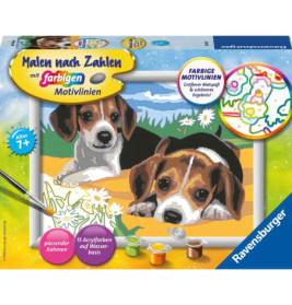Malset-Box mit zwei gemalten Welpen auf Gras, dazu Farbentöpfe und Pinsel.