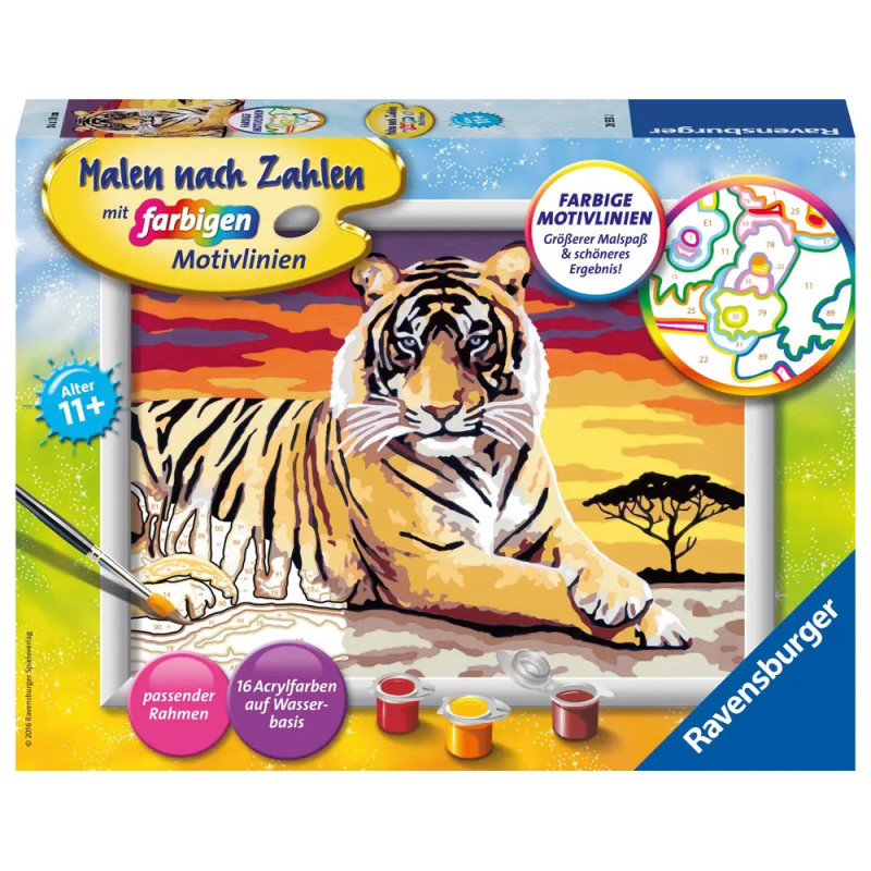 Ravensburger Malen-nach-Zahlen-Set mit Tiger-Motiv und deutscher Beschriftung auf der Verpackung.