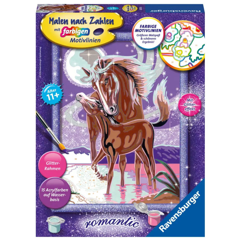 Ravensburger Malen-nach-Zahlen-Box: Zwei braune Pferde am Bach, glitzernder lila Rahmen.