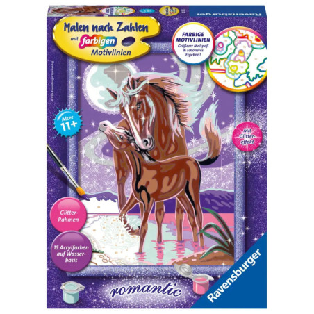 Ravensburger Malen-nach-Zahlen-Box: Zwei braune Pferde am Bach, glitzernder lila Rahmen.