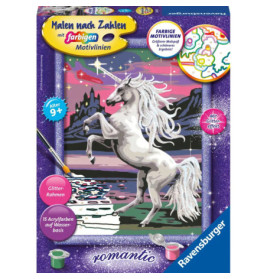 Malset-Schachtel mit aufbäumendem Einhorn am See, im Hintergrund ein Schloss und Berge.