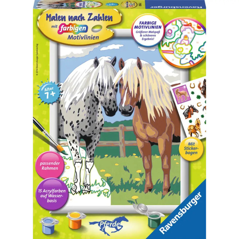 Malset mit Motiv zweier Pferde auf einer Wiese, incl. Farben und Beispielbildern des fertigen Werks.