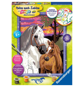 Malset-Box mit Motiv von zwei Pferden vor buntem Sonnenuntergang, Farben und Pinsel sind abgebildet.