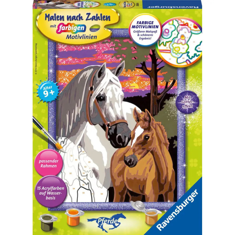 Malset-Box mit Motiv von zwei Pferden vor buntem Sonnenuntergang, Farben und Pinsel sind abgebildet.