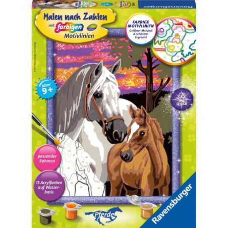 Malset-Box mit Motiv von zwei Pferden vor buntem Sonnenuntergang, Farben und Pinsel sind abgebildet.