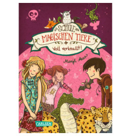 Drei Kinder und magische Tiere lächeln gemeinsam unter einem Banner mit der Aufschrift Die Schule der magischen Tiere.