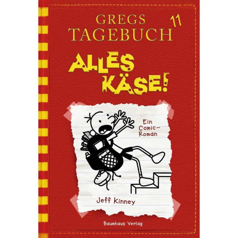 Rotes Cover: Gregs Tagebuch 11 - Alles Käse! Cartoonjunge rutscht auf Käse aus. Autor: Jeff Kinney.