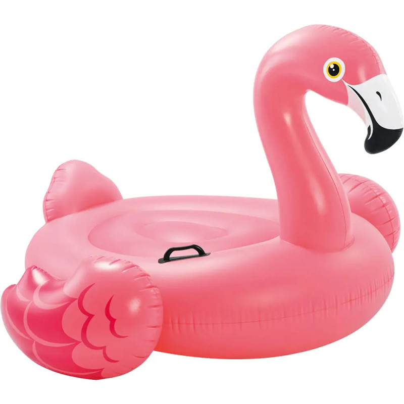 Großer aufblasbarer pinker Flamingo-Pool-Schwimmreifen mit seitlichen Griffen vor weißem Hintergrund. Großer aufblasbarer pinker Flamingo-Pool-Schwimmreifen mit seitlichen Griffen vor weißem Hintergrund.