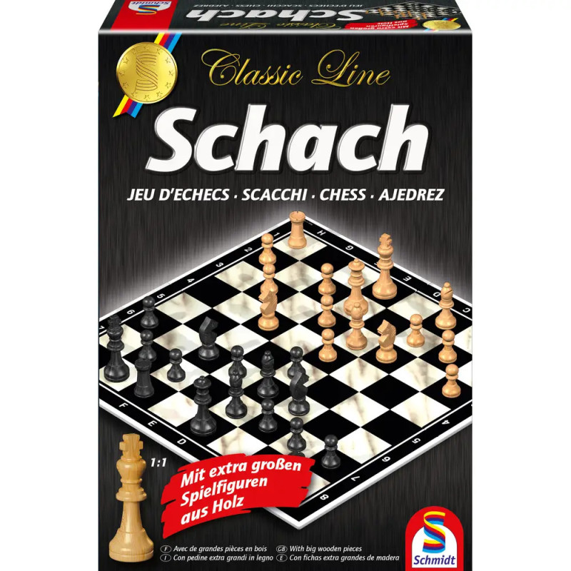 Schachspiel mit Holzfiguren auf Brett, Originalbox, mehrsprachig beschriftet. Schachspiel mit Holzfiguren auf Brett, Originalbox, mehrsprachig beschriftet.
