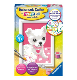 Malset-Box mit einem weißen Welpen, Pinsel und bunten Farbtöpfen auf der Vorderseite.