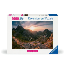 1000-teiliges Ravensburger Puzzle mit einem Bergpanorama bei Sonnenuntergang auf dem Schachtelcover.