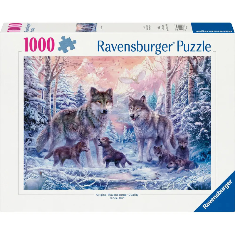 Ravensburger Puzzle Arktische Wölfe mit 1000 Teilen zeigt Wölfe mit Jungen in verschneitem Wald.