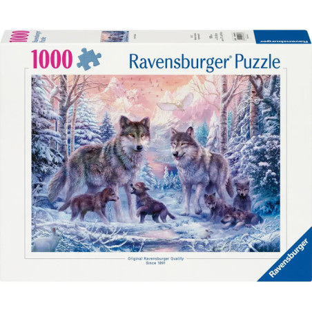 Ravensburger Puzzle Arktische Wölfe mit 1000 Teilen zeigt Wölfe mit Jungen in verschneitem Wald.
