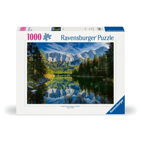1000-teiliges Ravensburger Puzzle mit Bergsee-Landschaft, Bäumen und klaren Spiegelungen.