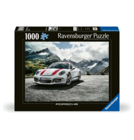 1000-teiliges Ravensburger Puzzle mit weißem Porsche auf Bergstraße, im Hintergrund verschneite Gipfel.