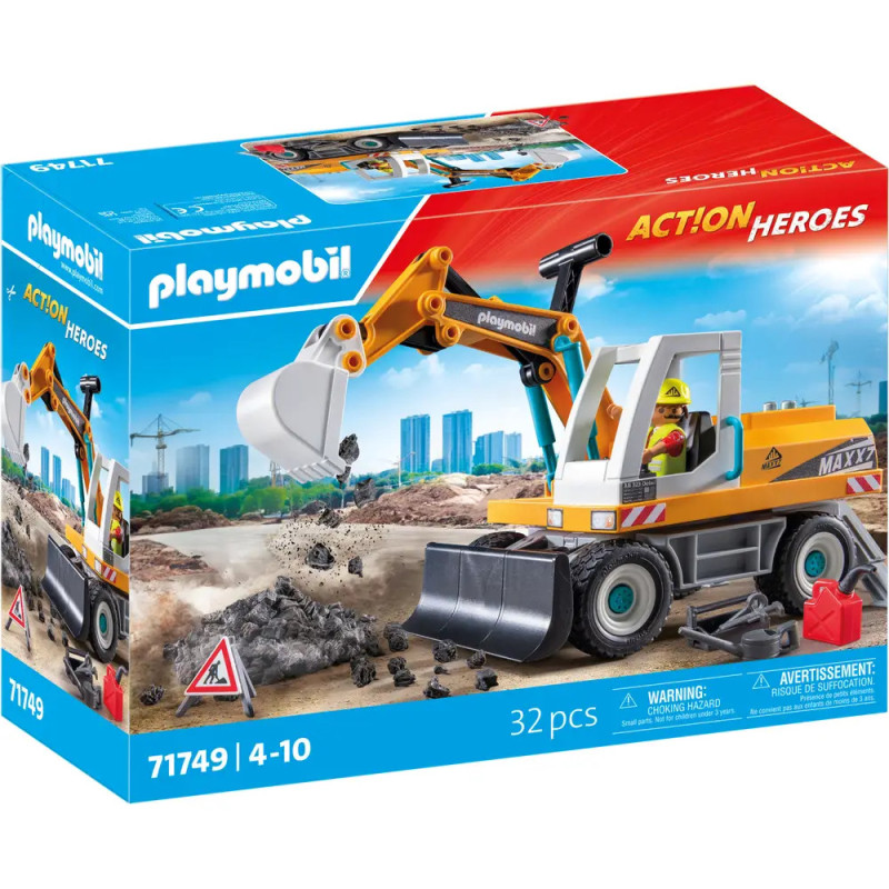 Playmobil Action Heroes Bauset mit Spielzeugbagger und 32 Teilen, geeignet für Kinder von 4 bis 10 Jahren.